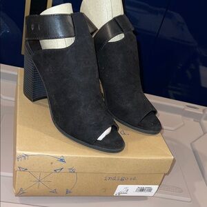 Indigo Black Peep-Toe Heeled Boots